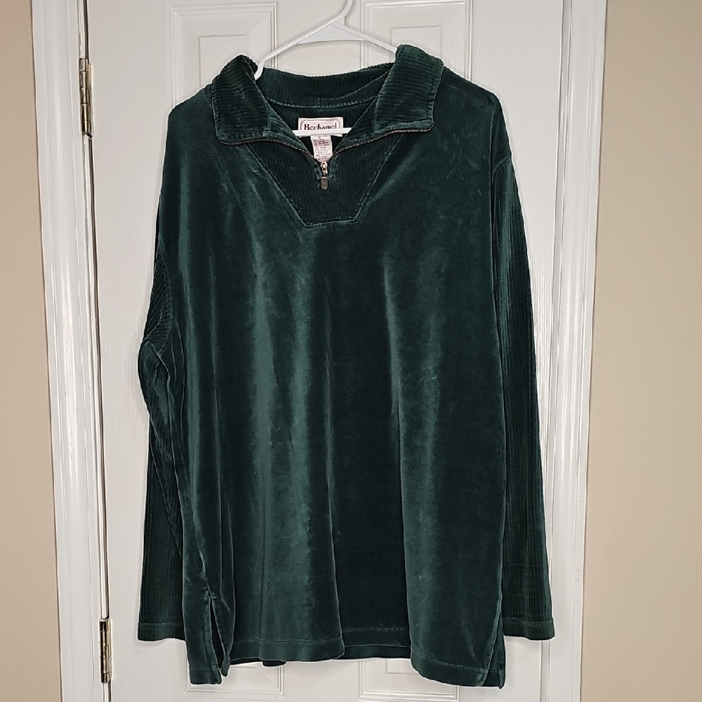 Vintage Bechamel Sage Dark Green Velour Textured Quarter-Zip Pullover